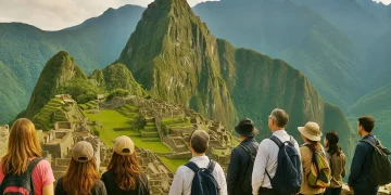 Turistas observan las ruinas de Machu Picchu con el Huayna Picchu al fondo.