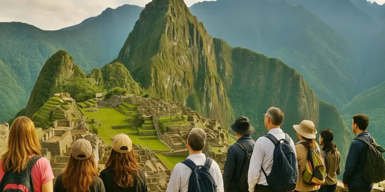 Turistas observan las ruinas de Machu Picchu con el Huayna Picchu al fondo.