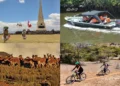 Collage de turismo en Perú mostrando paisajes, fauna andina y actividades.