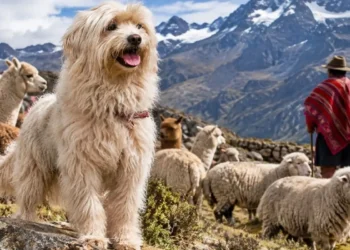 Perro Chaku cusqueño custodiando alpacas y ovejas en los Andes del Perú.