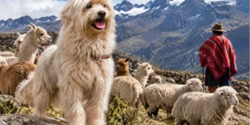 Perro Chaku cusqueño custodiando alpacas y ovejas en los Andes del Perú.